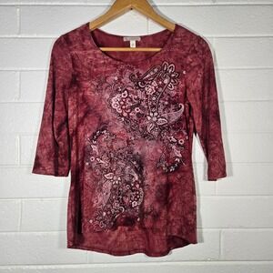 CB Established 1962 Medium Embellished Y2K Vibe 3/4 Sleeve Slinky Top Floral Art